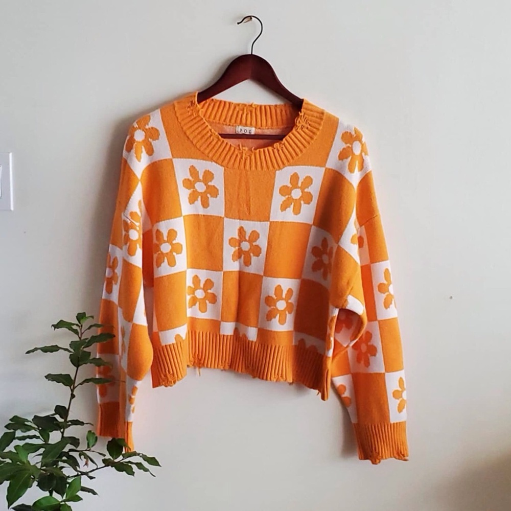 POL Leave Me Be Checkered Flower Power Cropped Distressed Sweater- L - Picture 2 of 8